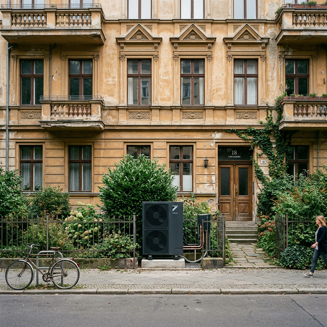 Moderne Luft-Wasser-Wärmepumpe elegant integriert im Vorgarten eines klassischen Altbaus