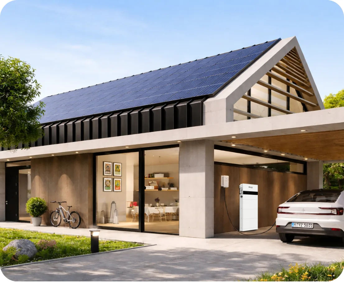 Modernes Haus mit Photovoltaikanlage auf dem Dach, Batteriespeicher und Wallbox mit E-Auto
