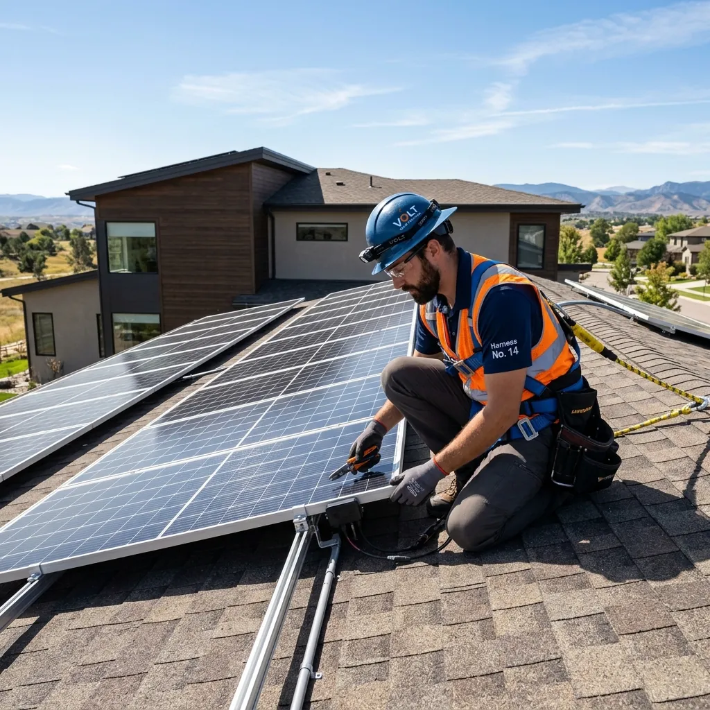 Solarteur bei der Installation einer Photovoltaikanlage auf einem Dach in Stuttgart