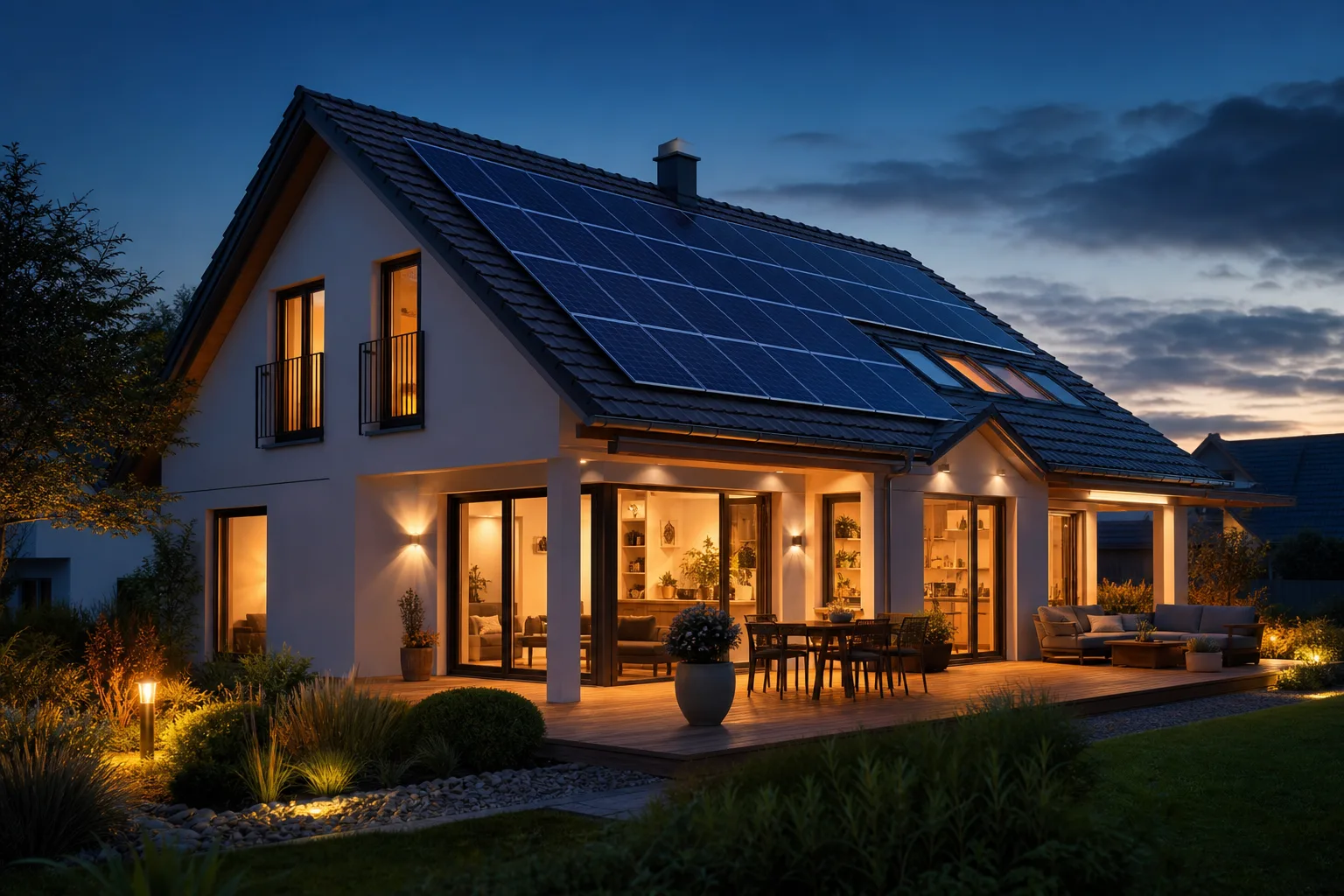 Einfamilienhaus mit Photovoltaikanlage am Abend – gespeicherter Solarstrom versorgt die beleuchteten Räume