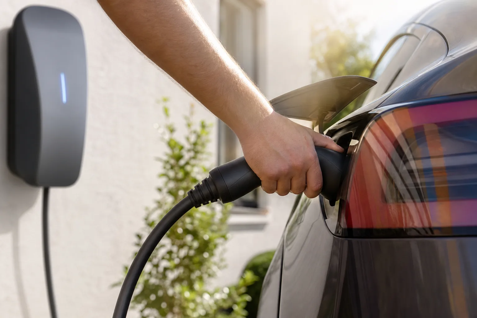 Ladestecker wird bei Sonnenschein in ein Elektroauto gesteckt, im Hintergrund die Wallbox an der Hauswand