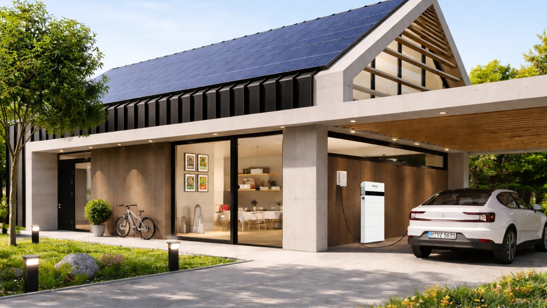 Modernes Haus mit Photovoltaikanlage, Wärmepumpe, Batteriespeicher und E-Auto an der Wallbox