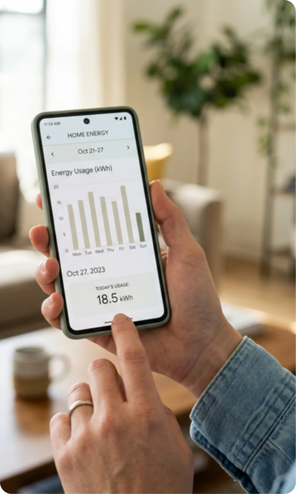 Hausbesitzer prüft den Energieverbrauch seines Hauses in der Energie-App