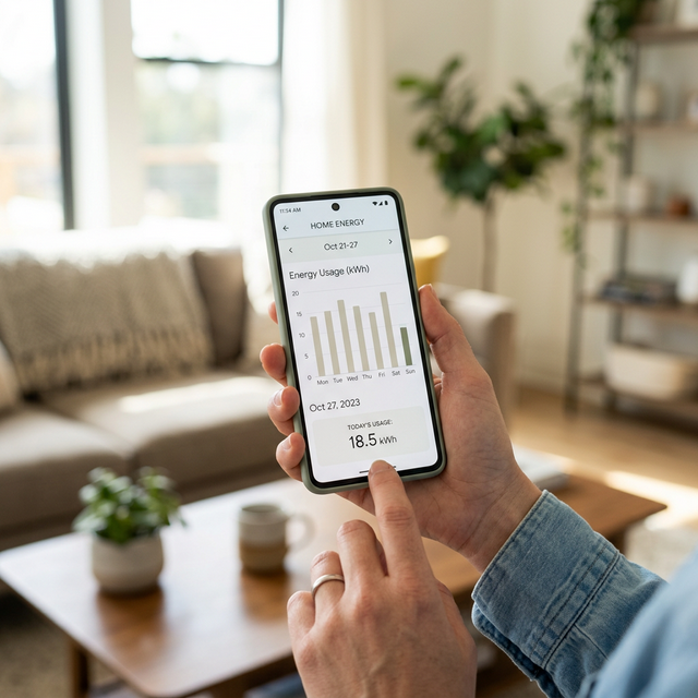 Person hält ein Smartphone mit einer App zur Überwachung des Stromverbrauchs im Wohnzimmer
