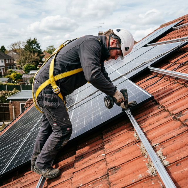 Professioneller Monteur von ehoch7 installiert eine Photovoltaikanlage sicher auf einem Ziegeldach
