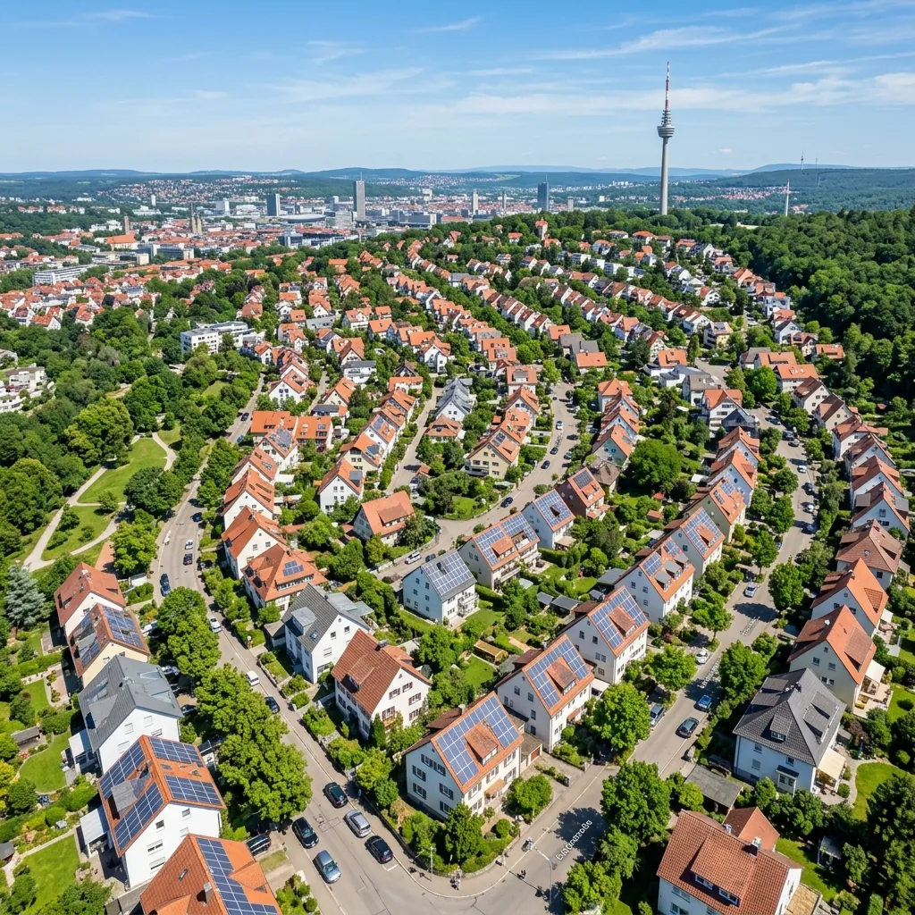 Luftaufnahme von Stuttgart mit zahlreichen Solaranlagen auf den Dächern