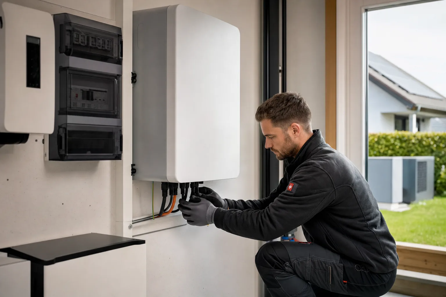 Elektriker eines Fachbetriebs schließt einen wandmontierten Batteriespeicher im Hauswirtschaftsraum an