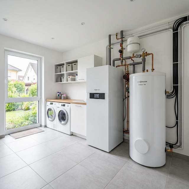 Moderne Inneneinheit einer Wärmepumpe neben dem Warmwasserspeicher in einem hellen Kellerraum