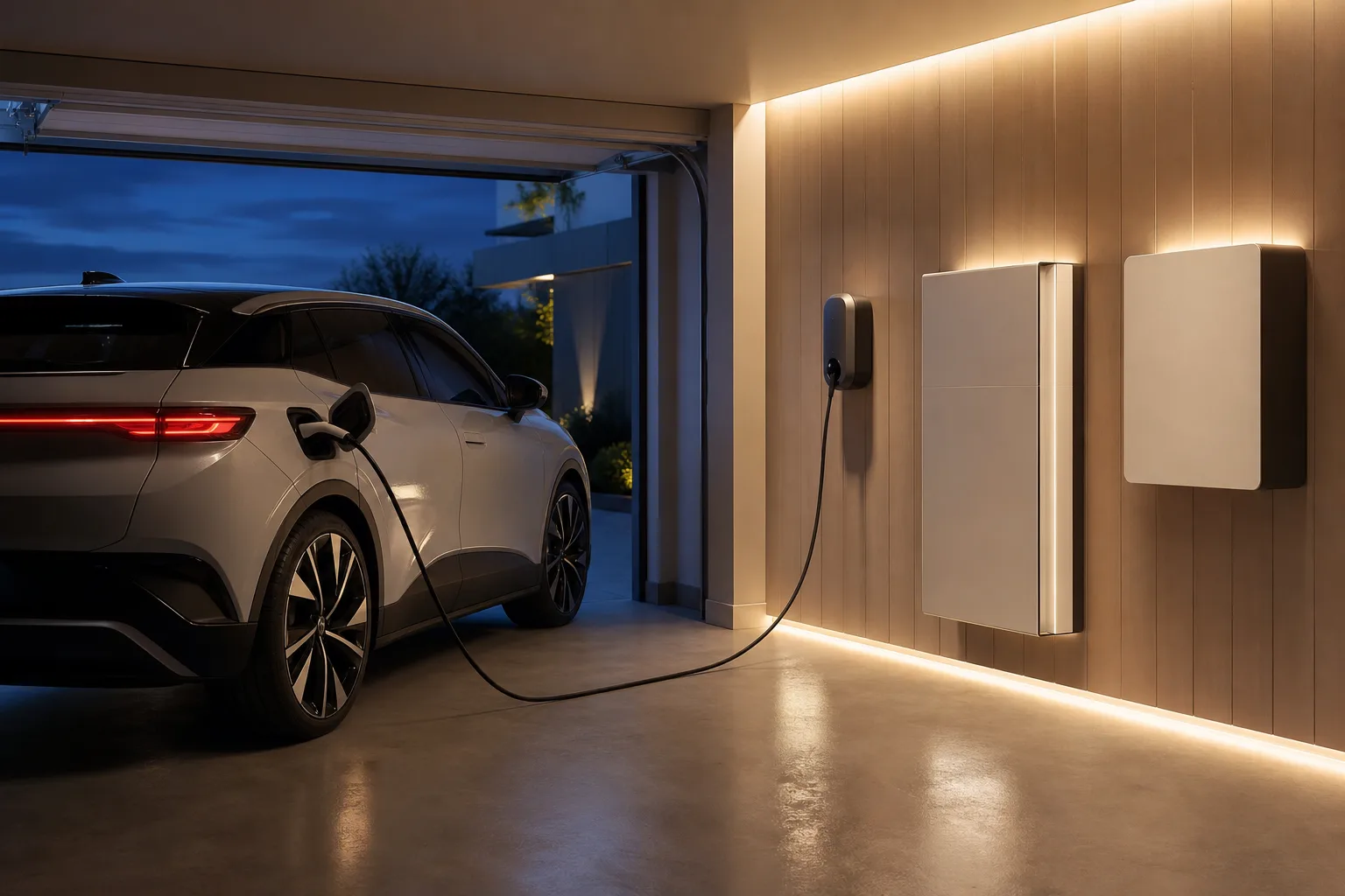 Elektroauto lädt abends in einer modernen Garage, daneben Wallbox und Heimspeicher an der Wand